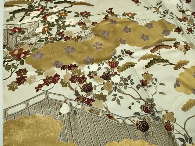 平和屋本店■極上 訪問着 駒刺繍 千八織 雲取り橘椿文 灰黄緑色地 本金箔 逸品 DZAA7264kh5