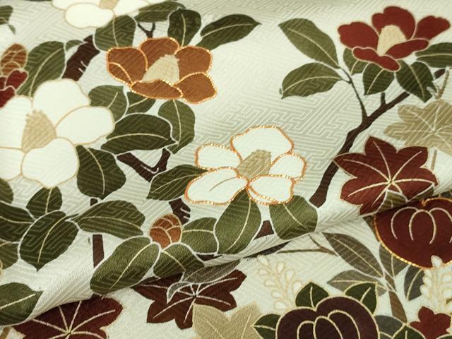 平和屋本店■極上 訪問着 駒刺繍 千八織 雲取り橘椿文 灰黄緑色地 本金箔 逸品 DZAA7264kh5