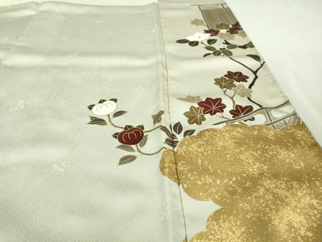 平和屋本店■極上 訪問着 駒刺繍 千八織 雲取り橘椿文 灰黄緑色地 本金箔 逸品 DZAA7264kh5