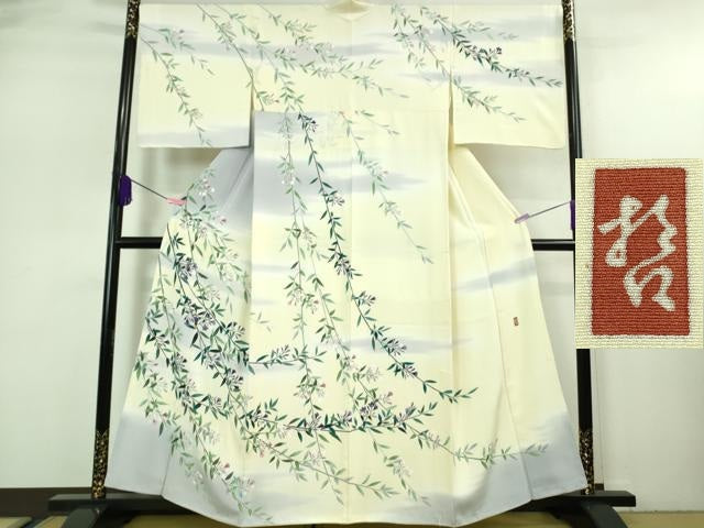 平和屋本店■極上 十日町 加賀草木友禅の第一人者 田村哲彦 訪問着 枝垂れ草花文 鳥の子色地 暈し染め 逸品 DZAA7274kh5