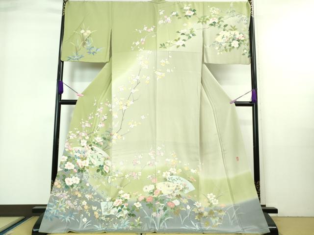 平和屋本店■極上 訪問着 友禅 作家物 地紙吉祥花鳥文 暈し染め ロング丈 逸品 DZAA7284kh5