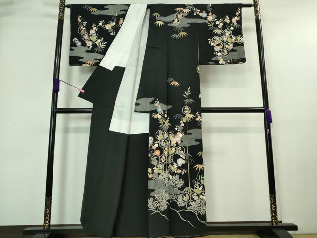 平和屋着物■極上 訪問着 友禅 駒刺繍 宝尽くし 松竹梅 黒地 金彩 逸品 未使用 DZAA7304kh5