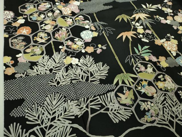 平和屋着物■極上 訪問着 友禅 駒刺繍 宝尽くし 松竹梅 黒地 金彩 逸品 未使用 DZAA7304kh5