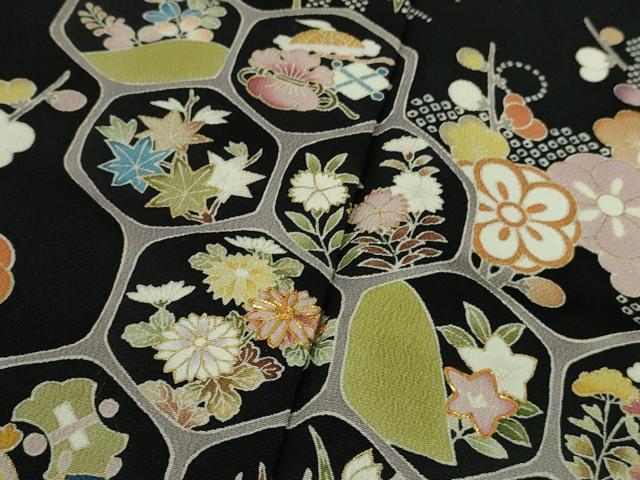 平和屋着物■極上 訪問着 友禅 駒刺繍 宝尽くし 松竹梅 黒地 金彩 逸品 未使用 DZAA7304kh5