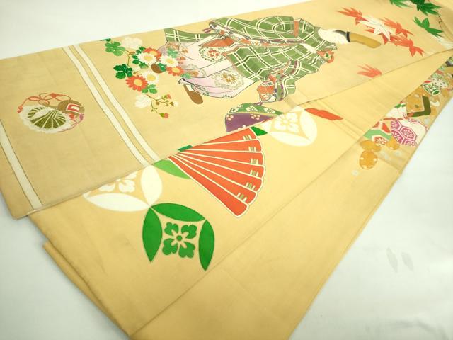 平和屋本店●希少 アンティーク 大正ロマン だらり帯 芸姑 舞妓 人物花文 手描き 金彩 玉蜀黍色地 逸品 DZAA7444kh5