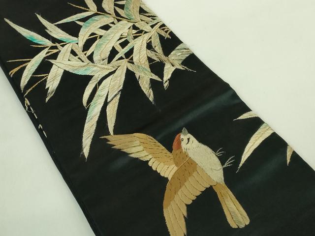 平和屋着物■極上 アンティーク 大正ロマン 半幅帯 総手刺繍 雀 すずめ 黒地 金糸 逸品 DZAA7514kh5