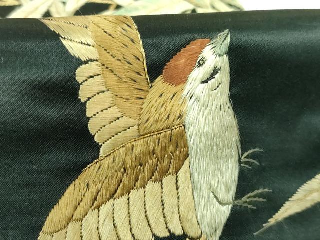 平和屋着物■極上 アンティーク 大正ロマン 半幅帯 総手刺繍 雀 すずめ 黒地 金糸 逸品 DZAA7514kh5