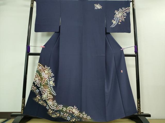 平和屋着物●極上 越後十日町の一流染匠 桐屋・翠山工房 訪問着 辻が花 紺藍色地 暈し染め 金彩 やまと誂製 逸品 DZAA7533kh5