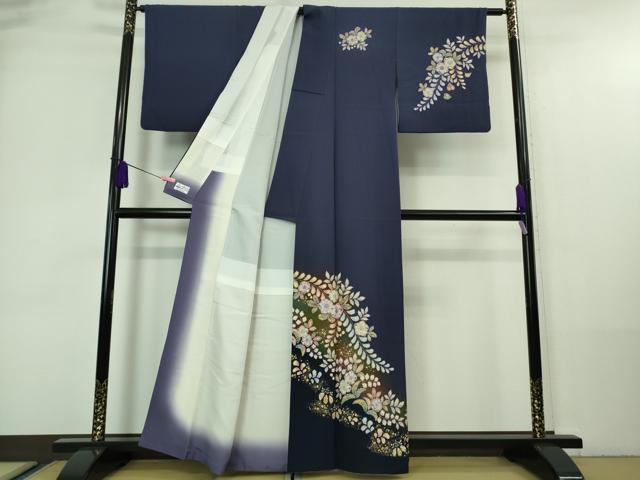 平和屋着物●極上 越後十日町の一流染匠 桐屋・翠山工房 訪問着 辻が花 紺藍色地 暈し染め 金彩 やまと誂製 逸品 DZAA7533kh5