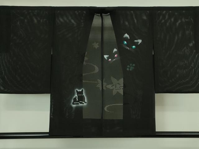 平和屋着物▽極上 羽織 スリーシーズン 春夏秋 塵除け 絽 猫 ネコ 竜田川紋紗 黒地 逸品 未使用 DZAA7550kh5