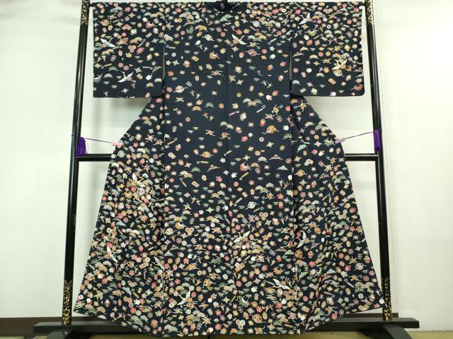 平和屋本店■極上 訪問着 駒刺繍 宝尽くし飛鶴文 紺地 逸品 未使用 DZAA7556kh5