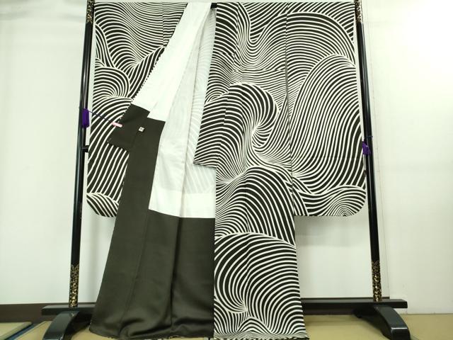 平和屋本店■極上 京の名門 じゅらく謹製 振袖 立波文 黒×白 まるやま扱い 逸品 DZAA7647kh5