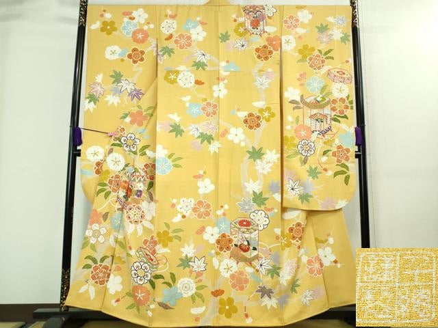 平和屋本店■極上 創業460年・千總 振袖 駒刺繍 貝桶花文 花葉色地 金彩 逸品 DZAA7651kh5