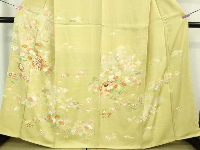 平和屋本店■極上 創業460年・千總 訪問着 駒刺繍 貝桶檜扇花松文 淡黄色地 金彩 逸品 未使用 DZAA7652kh5