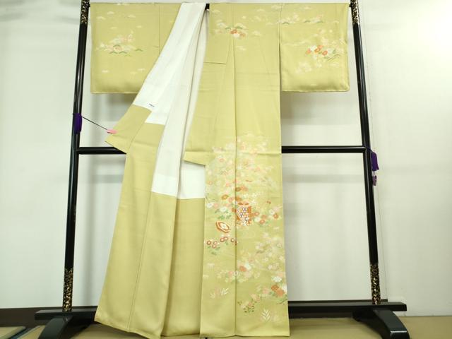 平和屋本店■極上 創業460年・千總 訪問着 駒刺繍 貝桶檜扇花松文 淡黄色地 金彩 逸品 未使用 DZAA7652kh5