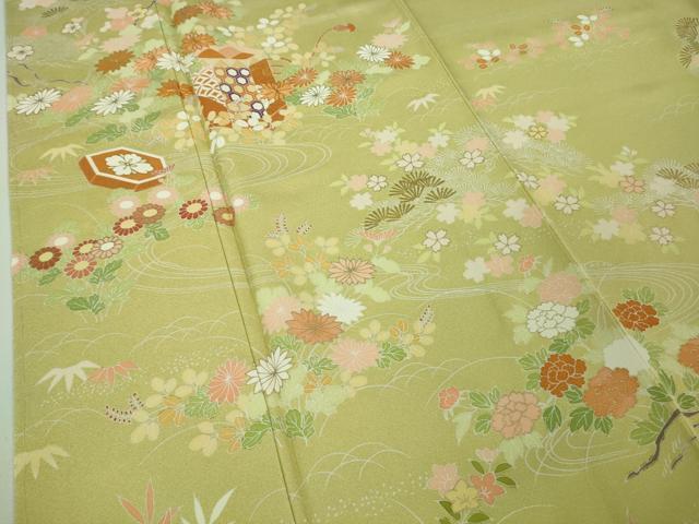 平和屋本店■極上 創業460年・千總 訪問着 駒刺繍 貝桶檜扇花松文 淡黄色地 金彩 逸品 未使用 DZAA7652kh5