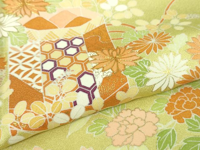 平和屋本店■極上 創業460年・千總 訪問着 駒刺繍 貝桶檜扇花松文 淡黄色地 金彩 逸品 未使用 DZAA7652kh5