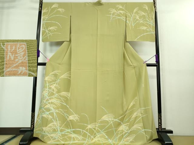 平和屋本店■極上 本加賀友禅作家 由水煌人 訪問着 単衣 露芝 すすき 抹茶色地 逸品 DZAA7664kh5