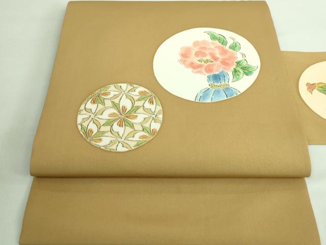 平和屋本店■極上 銀座 志ま亀 塩瀬 九寸名古屋帯 花ビン絵 黄唐茶色地 金彩 たとう紙付き 逸品 DZAA7718kh5