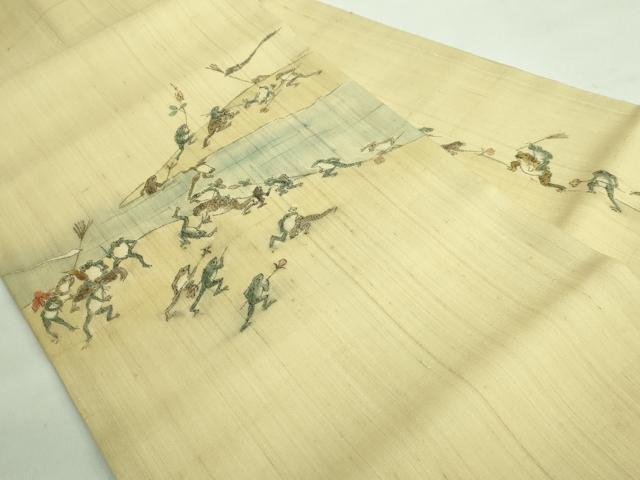 平和屋着物*極上 夏物 九寸名古屋帯 手描き 鳥獣戯画 麻 逸品 DZAA7773kh5