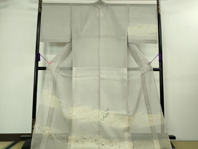 平和屋着物■極上 夏物 絹芭蕉 訪問着 手描き すすき 枝花文 暈し染め 白梅鼠色地 逸品 DZAA7878kh5