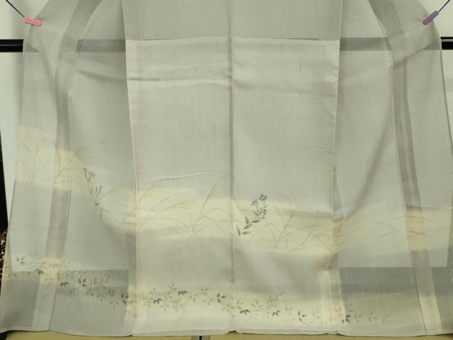 平和屋着物■極上 夏物 絹芭蕉 訪問着 手描き すすき 枝花文 暈し染め 白梅鼠色地 逸品 DZAA7878kh5