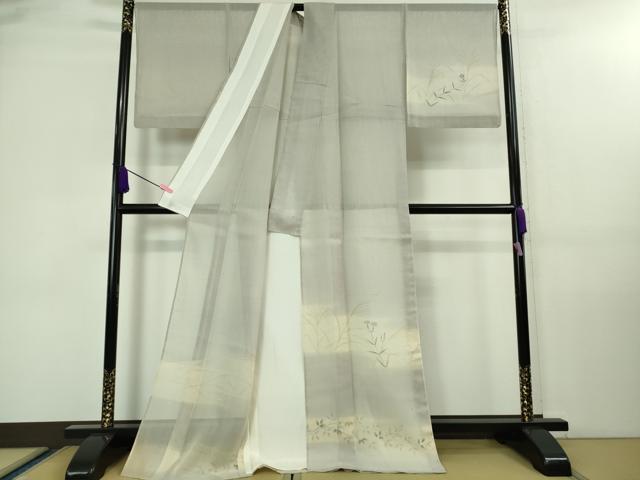 平和屋着物■極上 夏物 絹芭蕉 訪問着 手描き すすき 枝花文 暈し染め 白梅鼠色地 逸品 DZAA7878kh5