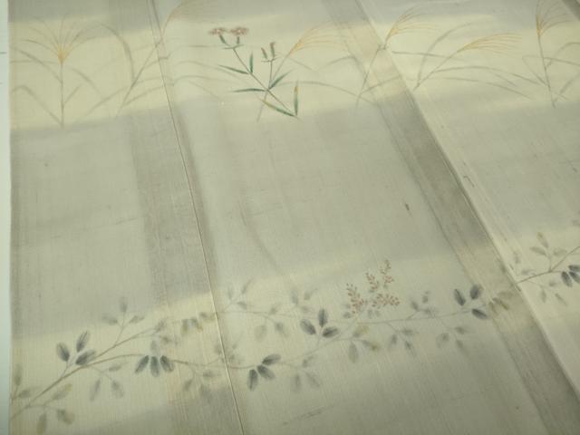 平和屋着物■極上 夏物 絹芭蕉 訪問着 手描き すすき 枝花文 暈し染め 白梅鼠色地 逸品 DZAA7878kh5