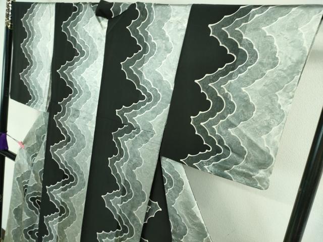 平和屋着物▽極上 染色作家 斉藤三才 小紋 単衣 間道 黒地 逸品 DZAA7896kh5