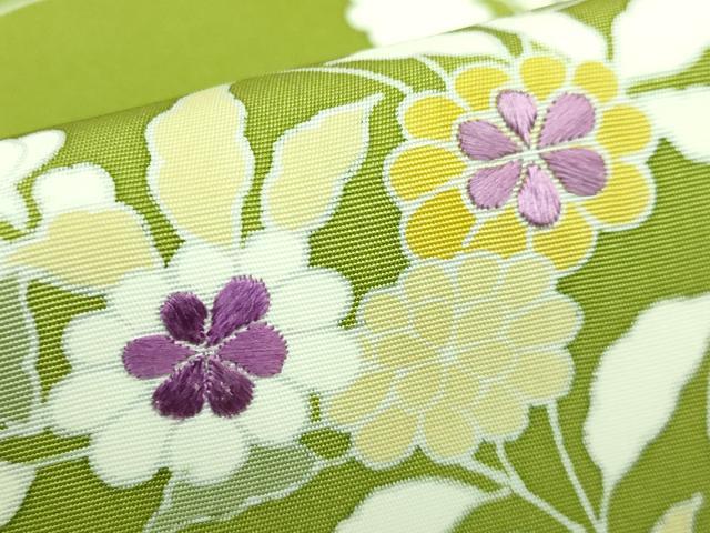 平和屋本店■希少 森口華弘の弟子 友禅作家 西山和恆 塩瀬 九寸名古屋帯 刺繍 流水枝花文 鶯色地 逸品 DZAA7956kh5