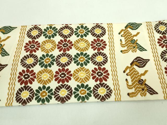 平和屋本店■極上 龍村晋謹製 九寸名古屋帯 唐織 名物いちご裂麒麟文 逸品 DZAA7961kh5