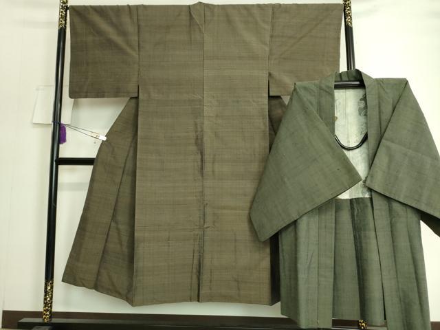 平和屋本店■極上 男性 紬 アンサンブル 長羽織 着物・海松茶色 羽織・千歳茶色 逸品 DZAA8051kh5