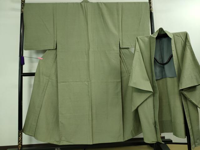 平和屋本店■極上 男性 結城紬 アンサンブル 長羽織 単衣 100亀甲 総詰め 深川鼠色地 逸品 DZAA8061kh5