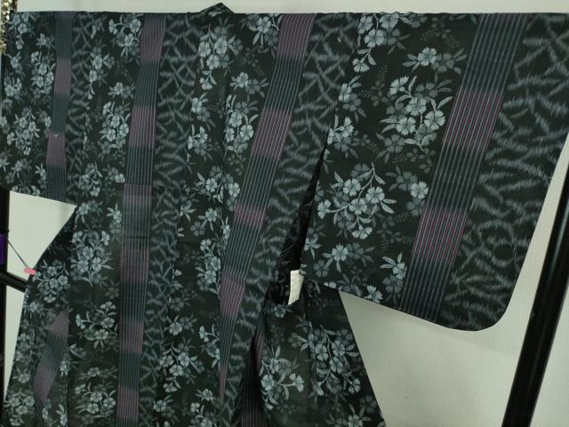 平和屋着物∴極上 夏物 撫松庵 小紋・浴衣兼用 綿麻 草花文 黒地 逸品 未使用 DZAA8098kh5
