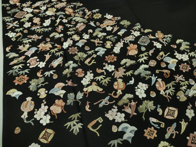 平和屋本店■極上 訪問着 総刺繍 宝尽くし 松竹梅 黒地 金糸 逸品 DZAA8122kh5