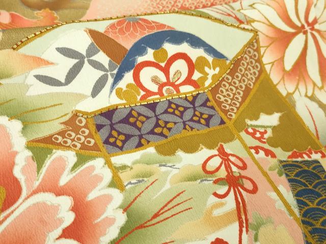 平和屋着物■極上 アンティーク 大正ロマン 振袖 駒刺繍 立波吉祥花松文 逸品 DZAA8130kh5