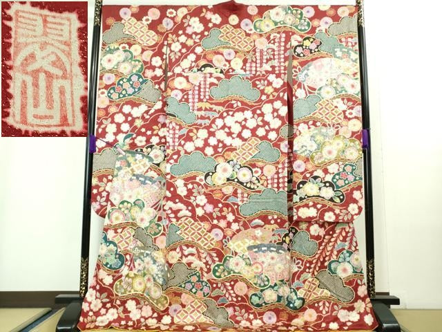 平和屋本店■極上 越後十日町の一流染匠 桐屋・翠山工房 振袖 辻が花 檜扇花文 金通し地 逸品 DZAA8134kh5