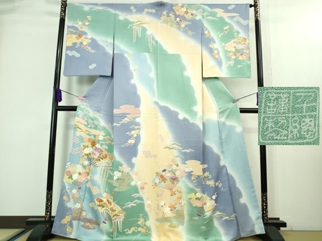 平和屋本店■極上 創業460年・千總 訪問着 駒刺繍 扇面吉祥花文 暈し染め 金彩 逸品 DZAA8193kh5
