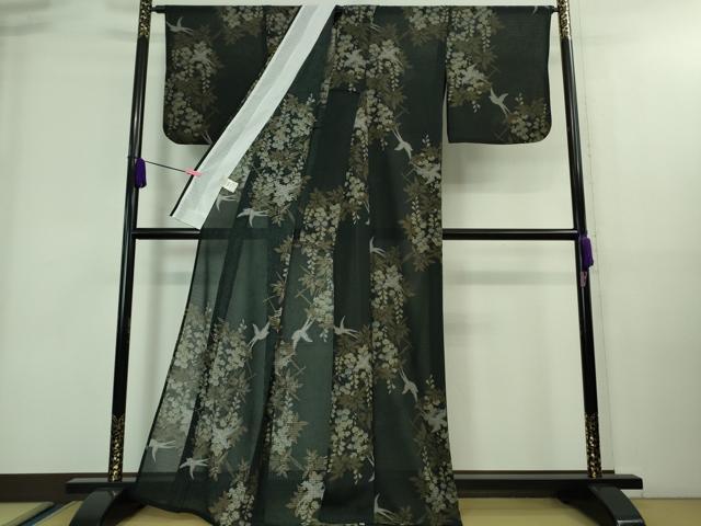 平和屋着物∴極上 夏物 撫松庵 小紋・浴衣兼用 絽縮緬 燕 藤花房 黒地 洗える着物 逸品 DZAA8220kh5