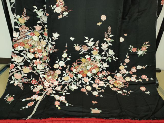 平和屋本店●極上 お引きずり・お引き摺り・引き振袖 和装 結婚式 舞妓 芸妓 芸者 糸車 花笠 宝尽くし 黒地 金彩 逸品 未使用 DZAA8223kh5