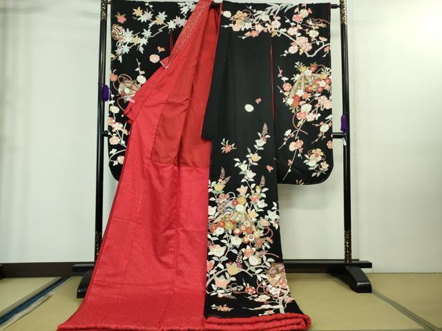 平和屋本店●極上 お引きずり・お引き摺り・引き振袖 和装 結婚式 舞妓 芸妓 芸者 糸車 花笠 宝尽くし 黒地 金彩 逸品 未使用 DZAA8223kh5