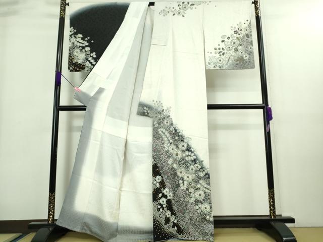 平和屋着物●極上 訪問着 辻が花 暈し染め 白×黒 金彩 逸品 未使用 DZAA8229kh5