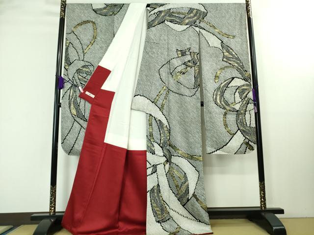 平和屋着物●極上 振袖 総絞り 結び紐文 黒地 金彩 逸品 DZAA8245kh5