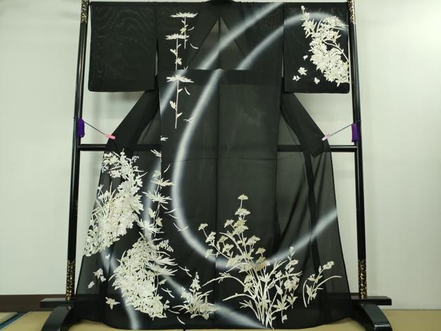 平和屋本店■極上 夏物 訪問着 絽 総刺繍 枝菊 秋草文 黒地 暈し染め 金糸 逸品 未使用 DZAA8248kh5