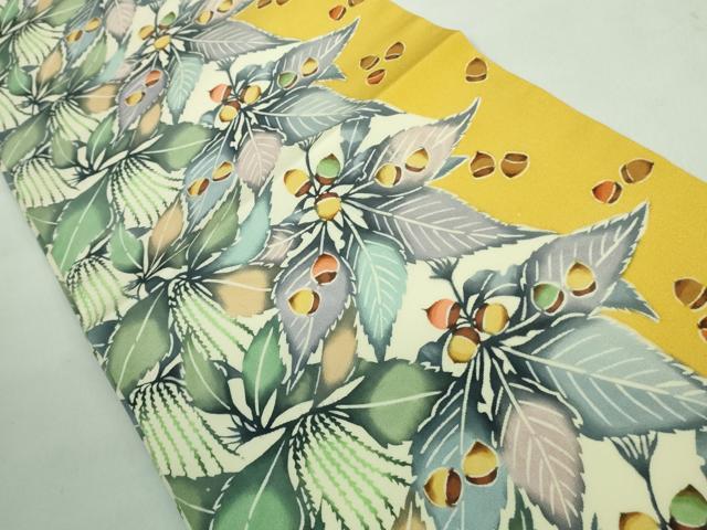 平和屋本店■超希少 日本工芸会正会員 釜我敏子 型絵染 九寸開き名古屋帯 どんぐり 逸品 未使用 DZAA8282kh5