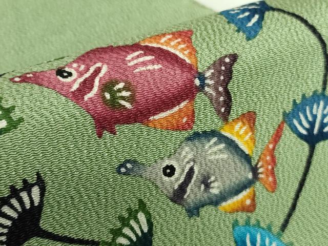 平和屋本店■最高級 城間栄順 本場琉球紅型 つけ帯 魚 貝殻 山葵色地 鬼しぼ縮緬 逸品 未使用 DZAA8326kh5