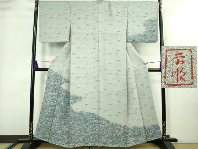 平和屋本店■最高級 城間栄順 本場琉球紅型 訪問着 笹 灰青色地 逸品 DZAA8332kh5