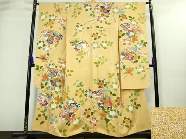 平和屋本店■極上 創業460年・千總 振袖 駒刺繍 檜扇橘花文 卵色地 金彩 逸品 DZAA8334kh5