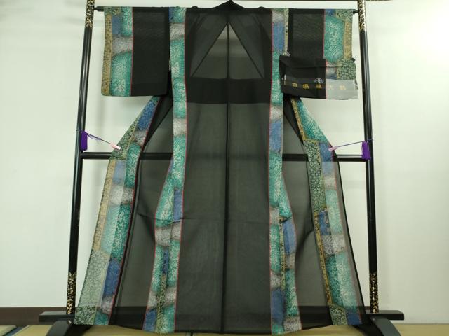 平和屋本店■希少 夏物 前田仁仙 仁仙更紗 本場縞大島紬 夏大島 更紗間道 黒地 反端付き 逸品 DZAA8380kh5