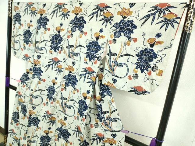 平和屋本店■極上 浦野理一 経節紬 型染 藍 草花文 逸品 DZAA8406kh5